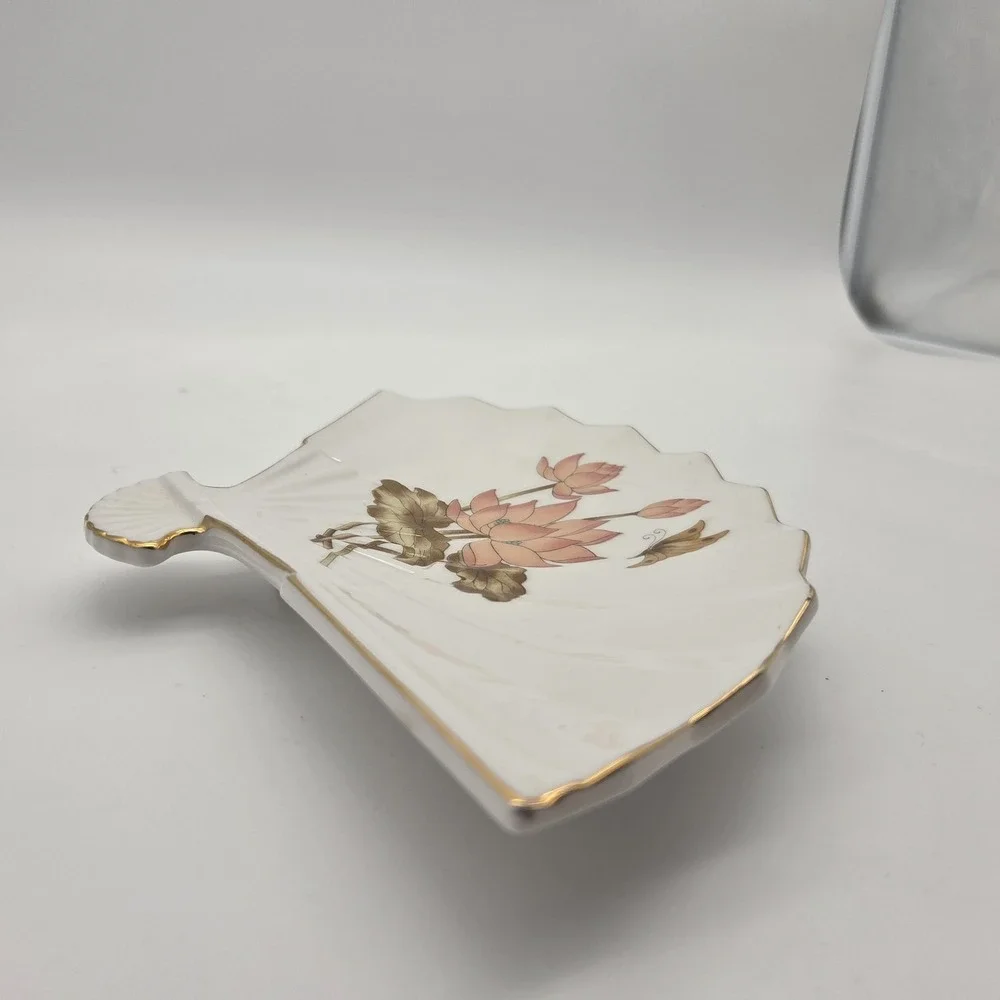 Vintage Fan Shaped Porcelain Dish Tray Pink Floral Lotus Butterfly Made in Japan